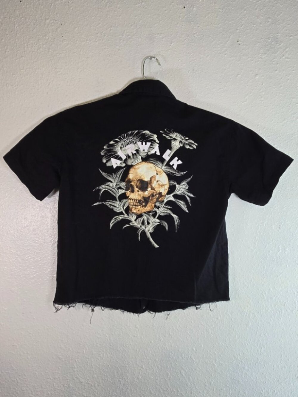 Airwalk Mechanic Style Woven Skull Button Down Crop Top